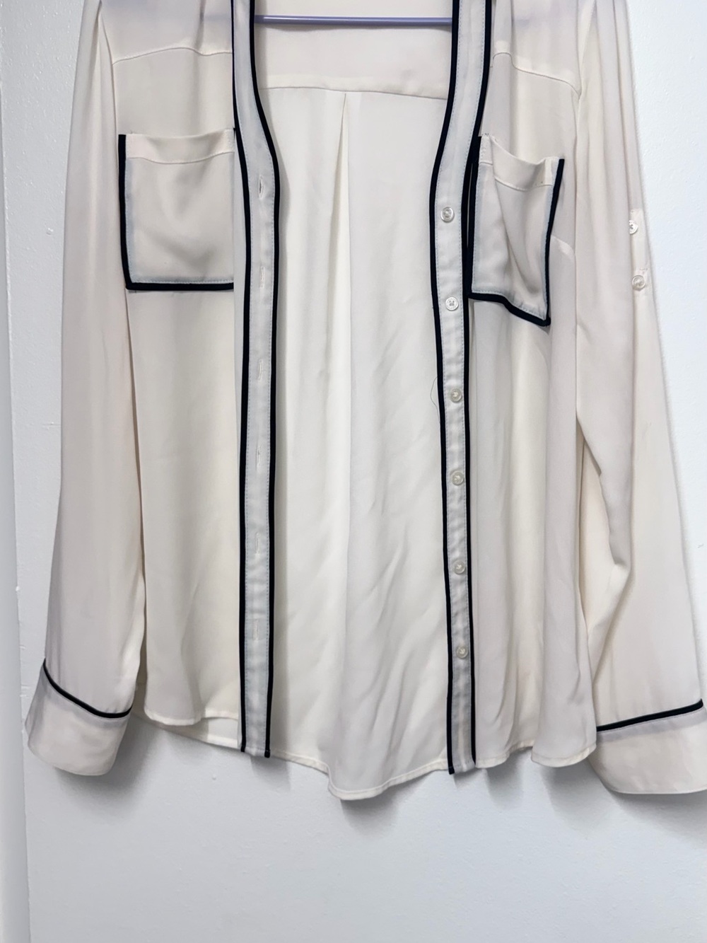 Express Cream Button-Down Blouse with Black Trim